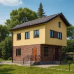 Проект дома «Л-162Б» из СИП-панелей, 162 м² — двухэтажный дом с жёлтым и коричневым фасадом и тёмной крышей | HotWell.KZ