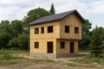 Дом «Л-162Б», 162 м², 2.5 и более, в черновой отделке: коробка из СИП-панелей OSB-3, двускатная кровля из металлочерепицы, проёмы без окон и дверей, в проёмах видны сосновые балки перекрытия