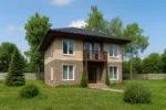 Проект дома «Л-163» из СИП-панелей, 163 м² — двухэтажный дом с бежевым фасадом, коричневой крышей и балконом | HotWell.KZ