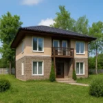 Проект дома «Л-163» из СИП-панелей, 163 м² — двухэтажный дом с бежевым фасадом, коричневой крышей и балконом | HotWell.KZ