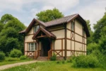 Проект дома «Л-164» из СИП-панелей, 164 м² — двухэтажный дом с бежевым фасадом, коричневой крышей и крытым крыльцом | HotWell.KZ