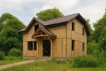 Дом «Л-164», 164 м², 1.5 этажа, в черновой отделке: коробка из СИП-панелей OSB-3, двускатная кровля из металлочерепицы, проёмы без окон и дверей, в проёмах видны сосновые балки перекрытия