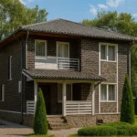 Проект дома «Л-168» из СИП-панелей, 168 м² — двухэтажный дом с коричневым фасадом, серой крышей и балконом | HotWell.KZ