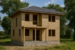 Дом «Л-168», 168 м², 2 этажа, в черновой отделке: коробка из СИП-панелей OSB-3, вальмовая кровля из металлочерепицы, проёмы без окон и дверей, в проёмах видны сосновые балки перекрытия