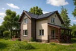 Проект дома «Л-168Б» из СИП-панелей, 168 м² — двухэтажный дом с бежевым фасадом, черной крышей и террасой | HotWell.KZ