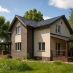 Проект дома «Л-168Б» из СИП-панелей, 168 м² — двухэтажный дом с бежевым фасадом, черной крышей и террасой | HotWell.KZ