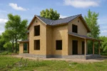 Дом «Л-168Б», 168 м², 1.5 этажа, в черновой отделке: коробка из СИП-панелей OSB-3, двускатная кровля из металлочерепицы, проёмы без окон и дверей, в проёмах видны сосновые балки перекрытия