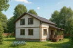 Проект дома «Л-169» из СИП-панелей, 169 м² — двухэтажный дом с бежевым фасадом, коричневой крышей и крытой террасой | HotWell.KZ