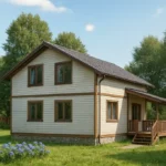Проект дома «Л-169» из СИП-панелей, 169 м² — двухэтажный дом с бежевым фасадом, коричневой крышей и крытой террасой | HotWell.KZ
