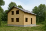 Дом «Л-169», 169 м², 1.5 этажа, в черновой отделке: коробка из СИП-панелей OSB-3, двускатная кровля из металлочерепицы, проёмы без окон и дверей, в проёмах видны сосновые балки перекрытия