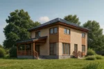 Проект дома «Л-171» из СИП-панелей, 171 м² — двухэтажный дом с бежевым фасадом, темной крышей и террасой | HotWell.KZ