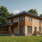 Проект дома «Л-171» из СИП-панелей, 171 м² — двухэтажный дом с бежевым фасадом, темной крышей и террасой | HotWell.KZ