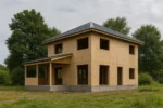 Дом «Л-171», 171 м², 2 этажа, в черновой отделке: коробка из СИП-панелей OSB-3, вальмовая кровля из металлочерепицы, проёмы без окон и дверей, в проёмах видны сосновые балки перекрытия