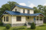 Проект дома «Л-172» из СИП-панелей, 172 м² — двухэтажный дом с бежевым фасадом, синей крышей и террасой | HotWell.KZ