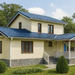 Проект дома «Л-172» из СИП-панелей, 172 м² — двухэтажный дом с бежевым фасадом, синей крышей и террасой | HotWell.KZ