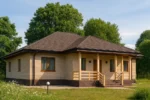 Проект дома «Л-176» из СИП-панелей, 176 м² — одноэтажный дом с бежевым фасадом, коричневой крышей и крытым крыльцом | HotWell.KZ