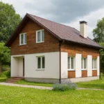 Проект дома «Л-180» из СИП-панелей, 180 м² — двухэтажный дом с белым фасадом, коричневым сайдингом и коричневой крышей | HotWell.KZ