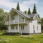 Проект дома «Л-180Б» из СИП-панелей, 180 м² — двухэтажный дом с серым фасадом, черной крышей и балконом | HotWell.KZ