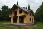 Дом «Л-180Б», 180 м², 1.5 этажа, в черновой отделке: коробка из СИП-панелей OSB-3, двускатная кровля из металлочерепицы, проёмы без окон и дверей, в проёмах видны сосновые балки перекрытия