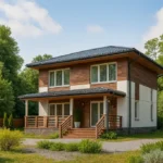 Проект дома «Л-186» из СИП-панелей, 186 м² — двухэтажный дом с деревянным фасадом, черной крышей и террасой | HotWell.KZ
