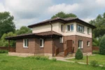 Проект дома «Л-188» из СИП-панелей, 188 м² — двухэтажный дом с кирпичным фасадом, коричневой крышей и крыльцом | HotWell.KZ