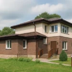Проект дома «Л-188» из СИП-панелей, 188 м² — двухэтажный дом с кирпичным фасадом, коричневой крышей и крыльцом | HotWell.KZ