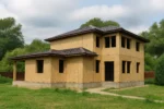 Дом «Л-188», 188 м², 2 этажа, в черновой отделке: коробка из СИП-панелей OSB-3, вальмовая кровля из металлочерепицы, проёмы без окон и дверей, в проёмах видны сосновые балки перекрытия