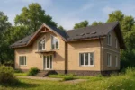 Проект дома «Л-190» из СИП-панелей, 190 м² — двухэтажный дом с бежевым фасадом, серой крышей и панорамными окнами | HotWell.KZ