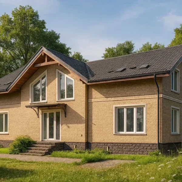 Проект дома «Л-190» из СИП-панелей, 190 м² — двухэтажный дом с бежевым фасадом, серой крышей и панорамными окнами | HotWell.KZ