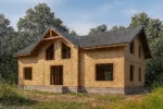 Дом «Л-190», 190 м², 1,5 этажа, в черновой отделке: коробка из СИП-панелей OSB-3, двускатная кровля из металлочерепицы, проёмы без окон и дверей, в проёмах видны сосновые балки перекрытия