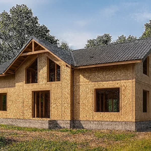 Дом «Л-190», 190 м², 1,5 этажа, в черновой отделке: коробка из СИП-панелей OSB-3, двускатная кровля из металлочерепицы, проёмы без окон и дверей, в проёмах видны сосновые балки перекрытия