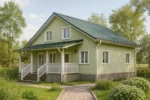 Проект дома «Л-200» из СИП-панелей, 200 м² — двухэтажный дом с зелёным фасадом, зелёной крышей и крытым крыльцом | HotWell.KZ