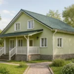 Проект дома «Л-200» из СИП-панелей, 200 м² — двухэтажный дом с зелёным фасадом, зелёной крышей и крытым крыльцом | HotWell.KZ