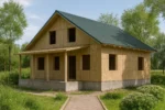 Дом «Л-200», 200 м², 1.5 этажа, в черновой отделке: коробка из СИП-панелей OSB-3, двускатная кровля из металлочерепицы, проёмы без окон и дверей, в проёмах видны сосновые балки перекрытия