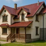 Проект дома «Л-202» из СИП-панелей, 202 м² — двухэтажный дом с бежевым фасадом, красной крышей и крыльцом | HotWell.KZ