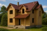 Дом «Л-202», 202 м², 1.5 этажа, в черновой отделке: коробка из СИП-панелей OSB-3, двускатная кровля из металлочерепицы, проёмы без окон и дверей, в проёмах видны сосновые балки перекрытия
