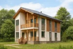 Проект дома «Л-229» из СИП-панелей, 229 м² — двухэтажный дом с бежевым фасадом, серой крышей и балконом | HotWell.KZ
