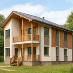 Проект дома «Л-229» из СИП-панелей, 229 м² — двухэтажный дом с бежевым фасадом, серой крышей и балконом | HotWell.KZ