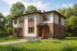 Проект дома «Л-319» из СИП-панелей, 319 м² — двухэтажный дом с коричневым фасадом и крытым крыльцом | HotWell.KZ