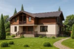 Проект дома «Л-326» из СИП-панелей, 326 м² — двухэтажный дом с бежевым фасадом, коричневой крышей и балконом | HotWell.KZ