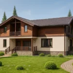 Проект дома «Л-326» из СИП-панелей, 326 м² — двухэтажный дом с бежевым фасадом, коричневой крышей и балконом | HotWell.KZ
