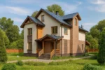Проект дома «Л-353» из СИП-панелей, 353 м² — двухэтажный дом с бежевым фасадом, коричневой крышей и крытым крыльцом | HotWell.KZ