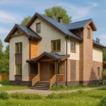 Проект дома «Л-353» из СИП-панелей, 353 м² — двухэтажный дом с бежевым фасадом, коричневой крышей и крытым крыльцом | HotWell.KZ