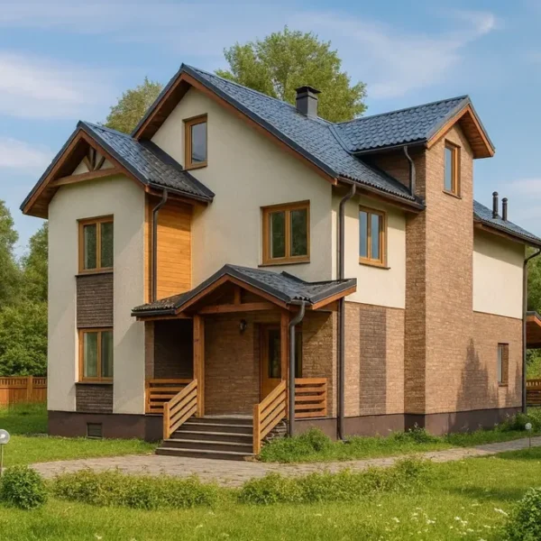 Проект дома «Л-353» из СИП-панелей, 353 м² — двухэтажный дом с бежевым фасадом, коричневой крышей и крытым крыльцом | HotWell.KZ