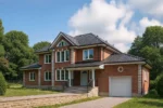 Проект дома «Л-393» из СИП-панелей, 393 м² — двухэтажный дом с красным кирпичным фасадом, серой крышей и гаражом | HotWell.KZ