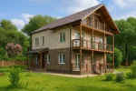 Проект дома «Л-426» из СИП-панелей, 426 м² — двухэтажный дом с бежевым фасадом, коричневой крышей и балконом | HotWell.KZ