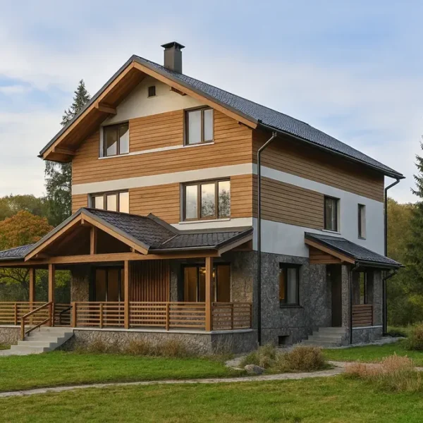 Проект дома «Л-465» из СИП-панелей, 465 м² — двухэтажный дом с деревянным фасадом, серой крышей и террасой | HotWell.KZ