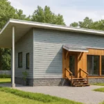 Проект дома «Л-50» из СИП-панелей, 50 м² — одноэтажный дом с серым фасадом, плоской крышей и панорамными окнами | HotWell.KZ