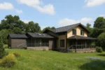 Проект дома «Л-537» из СИП-панелей, 537 м² — двухэтажный дом с бежевым фасадом, серой крышей и террасой | HotWell.KZ
