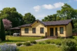 Проект дома «Л-59» из СИП-панелей, 59 м² — одноэтажный дом с жёлтым фасадом, коричневой крышей и навесом для машины | HotWell.KZ